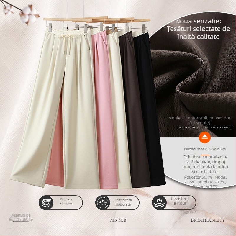 Pantaloni largi din modal pentru femei, talie cu șnur, ușori și versatili pentru siluete mici.