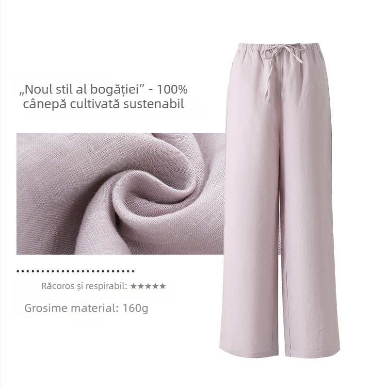 Pantaloni de femei din cânepă, croială largă, talie medie, calitate premium