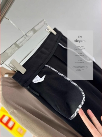 Pantaloni negri cu talie înaltă, evazați, elastici, pentru femei