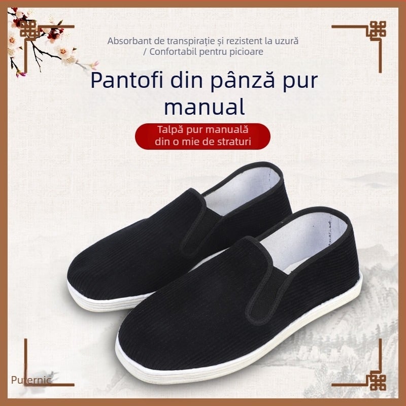 Pantofi slip-on negri din corduroy, talpă plată, pentru bărbați și femei – casual/muncă
