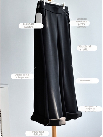 Pantaloni casual pentru femei, cu fleece, talie înaltă și croială ușor evazată, stil japonez-coreean