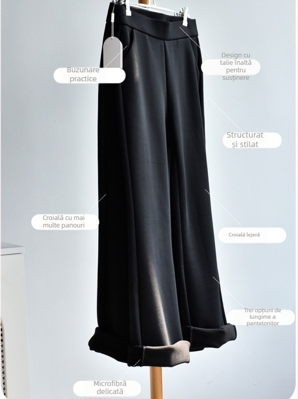 Pantaloni casual pentru femei, cu fleece, talie înaltă și croială ușor evazată, stil japonez-coreean