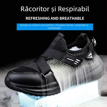 Pantofi de protecție pentru bărbați, vârf din oțel, slip-on, din plasă respirabilă, ușori, anti-strivire și anti-înțepare, talpă din cauciuc-plastic