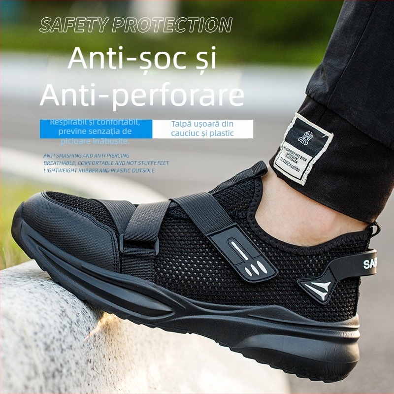 Pantofi de protecție pentru bărbați, vârf din oțel, slip-on, din plasă respirabilă, ușori, anti-strivire și anti-înțepare, talpă din cauciuc-plastic
