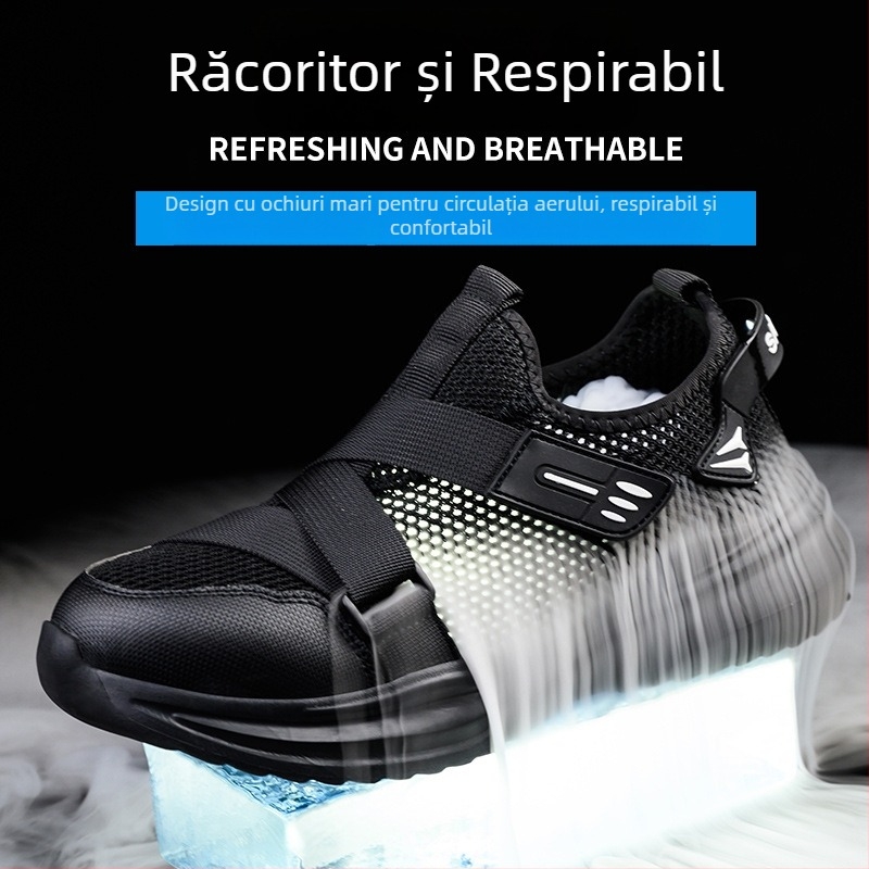 Pantofi de protecție pentru bărbați, vârf din oțel, slip-on, din plasă respirabilă, ușori, anti-strivire și anti-înțepare, talpă din cauciuc-plastic