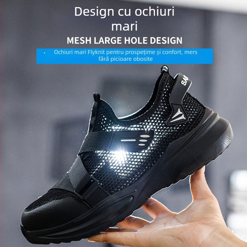 Pantofi de protecție pentru bărbați, vârf din oțel, slip-on, din plasă respirabilă, ușori, anti-strivire și anti-înțepare, talpă din cauciuc-plastic