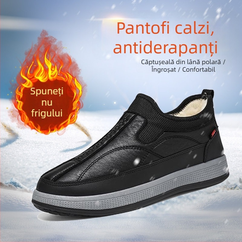 Ghete de iarnă pentru bărbați, fără șireturi, cu căptușeală din blană, înalte până la gleznă, impermeabile și antiderapante, talpă moale.