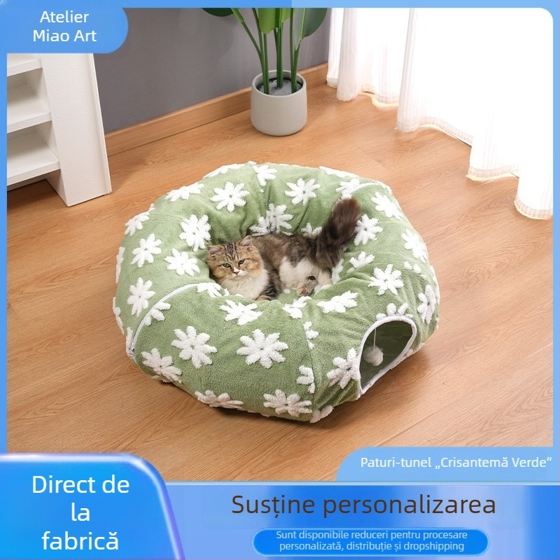 Tunel și cuib pentru pisici, într-un singur set, pliabil, albastru deschis, design nor-donut