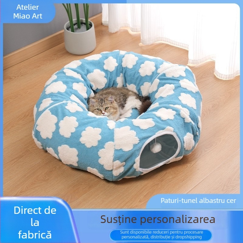 Tunel și cuib pentru pisici, într-un singur set, pliabil, albastru deschis, design nor-donut