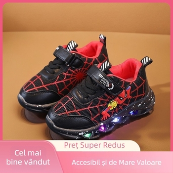 Pantofi sport luminoși pentru băieți, design desen animat, plasă respirabilă, ușori, închidere Velcro