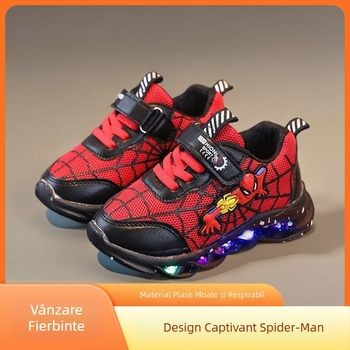 Pantofi sport luminoși pentru băieți, design desen animat, plasă respirabilă, ușori, închidere Velcro