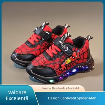 Pantofi sport luminoși pentru băieți, design desen animat, plasă respirabilă, ușori, închidere Velcro