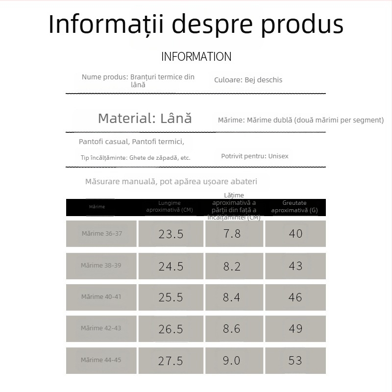 Talpă interioară din lână pentru iarnă – groasă, moale, absoarbe transpirația, elasticitate înaltă și amortizare, talpă integrală, unisex