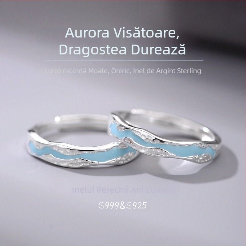 Inel cuplu din argint pur S999, luciu strălucitor, reglabil, design geometric