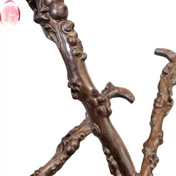 Baston din lemn pentru mers, sculptură în abanos, motiv piersică a longevității, gravură din rădăcină, mahon