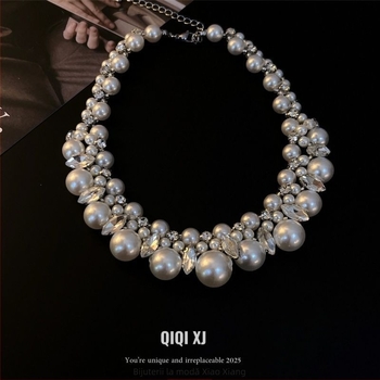 Colier în stil franțuzesc, cu strasuri și perle artificiale, lanț pentru claviculă, pentru femei