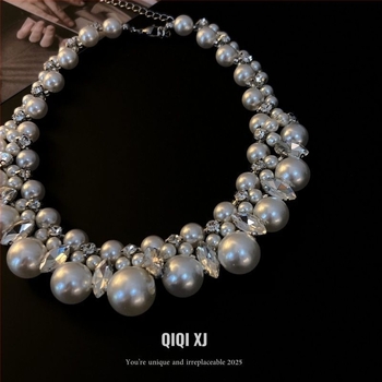 Colier în stil franțuzesc, cu strasuri și perle artificiale, lanț pentru claviculă, pentru femei