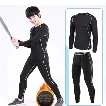 Set de fitness de iarnă unisex: tricou cu mâneci lungi, căptușit cu fleece pentru baschet și fotbal, pantaloni de bază pentru adulți și copii