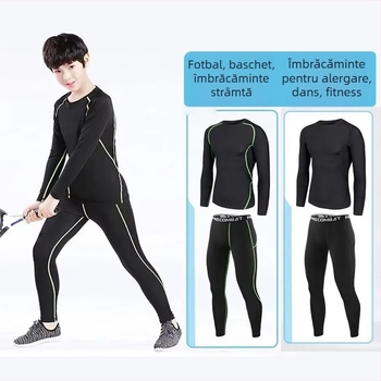 Set de fitness de iarnă unisex: tricou cu mâneci lungi, căptușit cu fleece pentru baschet și fotbal, pantaloni de bază pentru adulți și copii