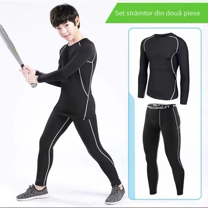 Set de fitness de iarnă unisex: tricou cu mâneci lungi, căptușit cu fleece pentru baschet și fotbal, pantaloni de bază pentru adulți și copii