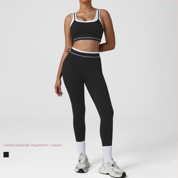 Set de yoga feminin fără mâneci, bloc de culoare, top și colanți cu lifting pentru șolduri