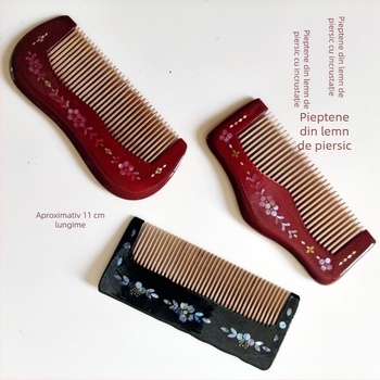 Pieptene din lemn solid cu sidef încrustat, luciu lacuit, lemn de cais, cadou de nuntă, accesorii de îngrijire