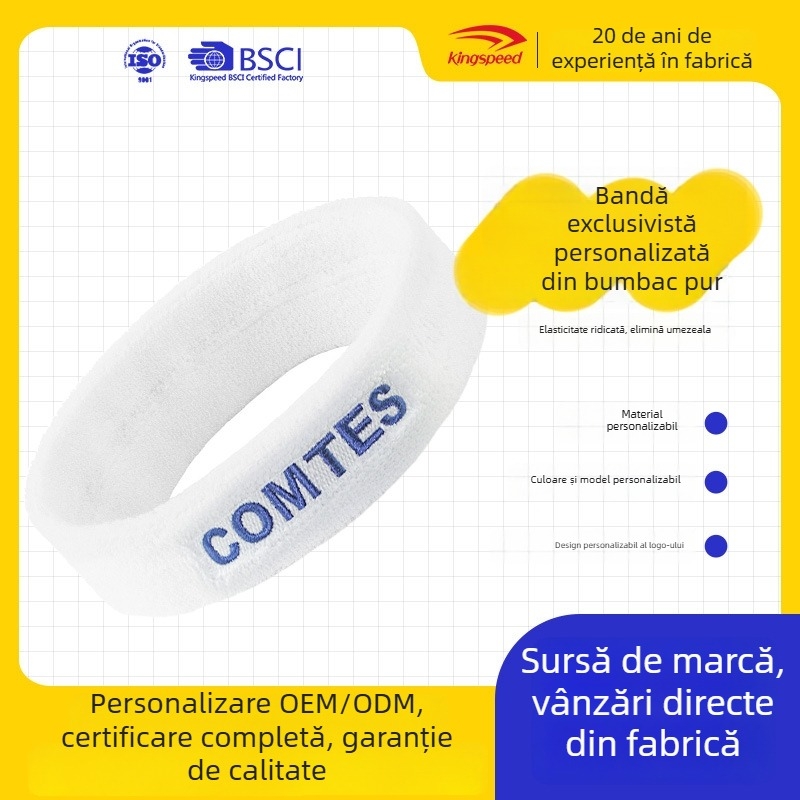 Bandă de transpirație din bumbac alb pentru cap, pentru sport și fitness
