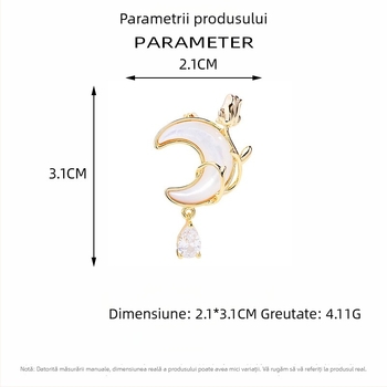 Broșă mică cu lună roz și scoică naturală, cupru și zirconiu, accesoriu elegant.