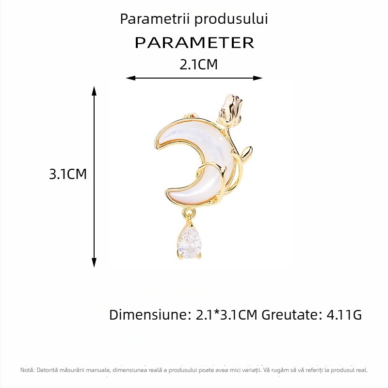 Broșă mică cu lună roz și scoică naturală, cupru și zirconiu, accesoriu elegant.