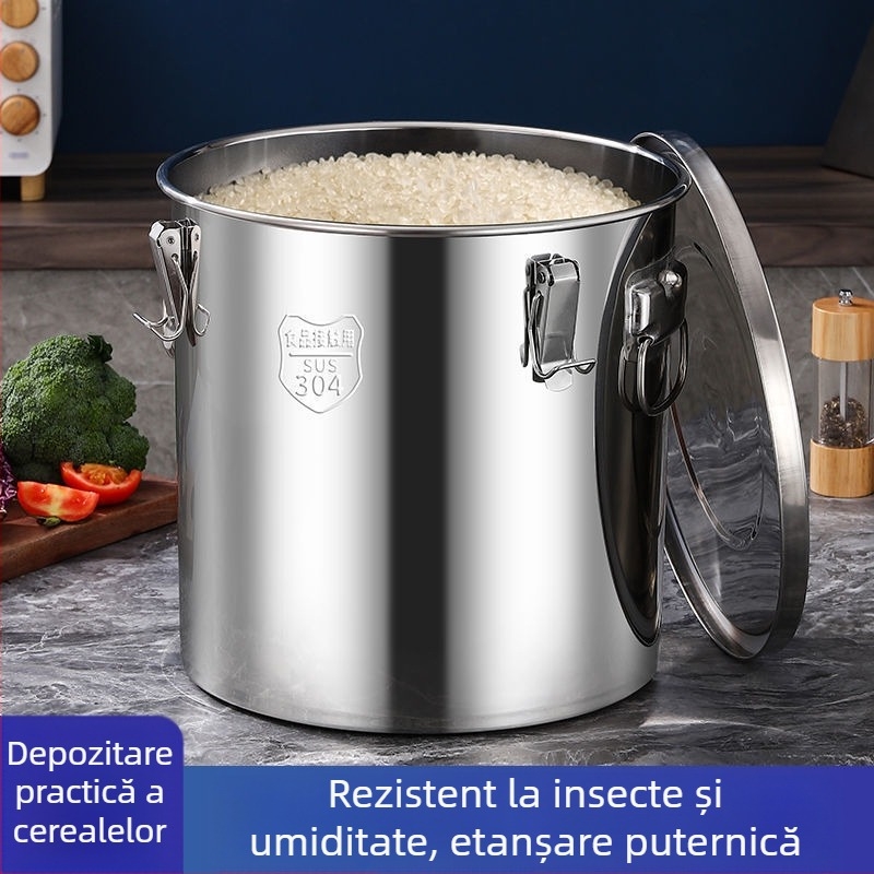 Recipient din oțel inoxidabil, etanș pentru depozitarea orezului, protecție împotriva insectelor și umezelii