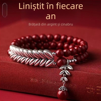 Brățară din cinnabar natural în stil chinezesc, unisex, cu motiv de grâu placat cu argint
