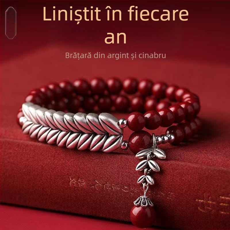 Brățară din cinnabar natural în stil chinezesc, unisex, cu motiv de grâu placat cu argint