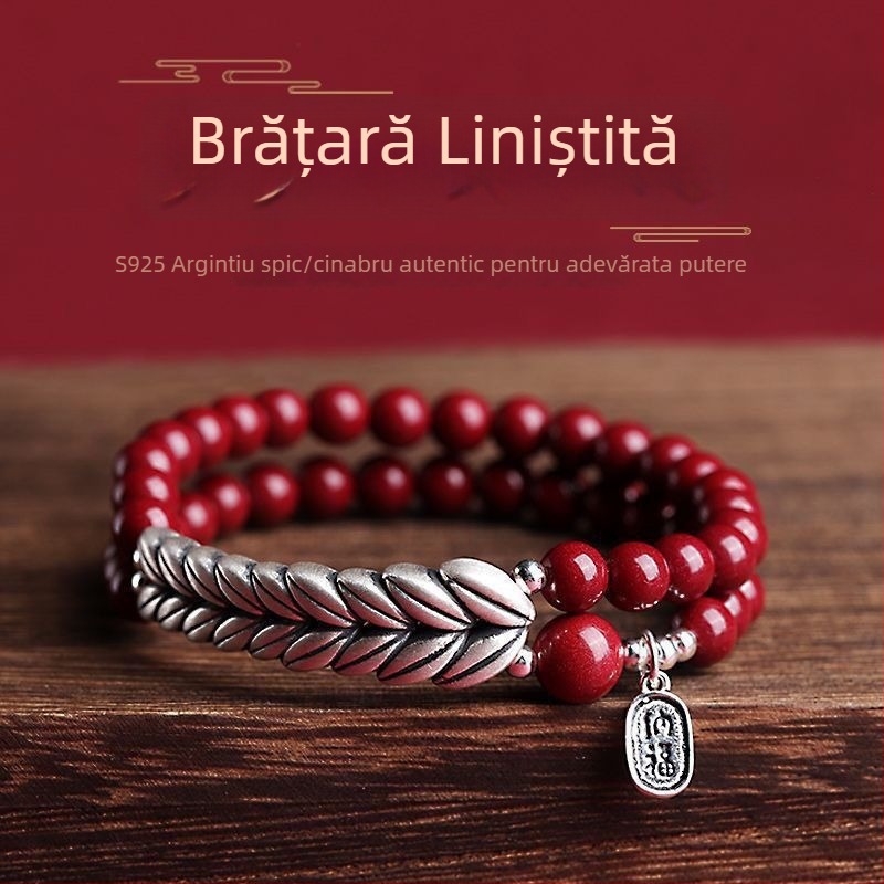 Brățară din cinnabar natural în stil chinezesc, unisex, cu motiv de grâu placat cu argint