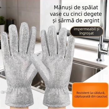Mănuși de spălat vase cu sârmă de argint, cinci degete, groase, impermeabile, anti-arsuri și izolație termică, pentru bucătărie