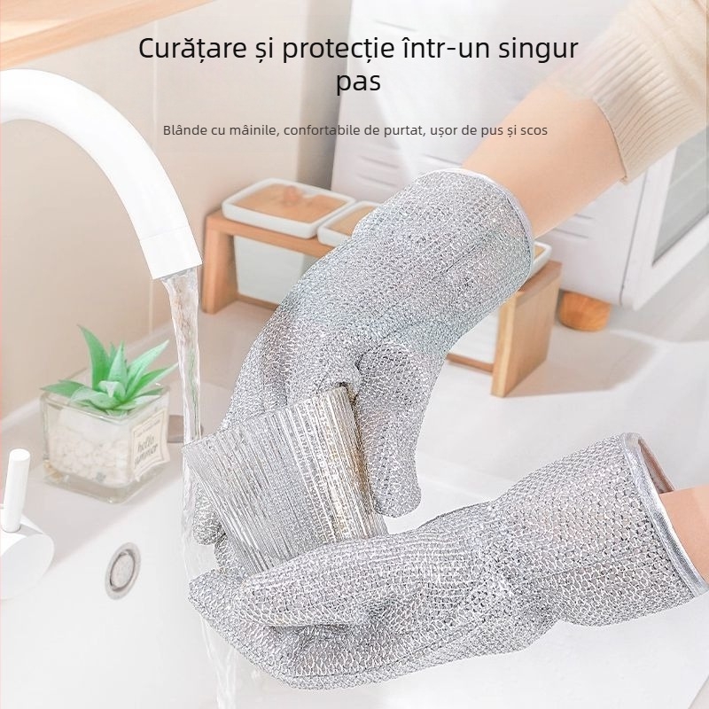 Mănuși de spălat vase cu sârmă de argint, cinci degete, groase, impermeabile, anti-arsuri și izolație termică, pentru bucătărie