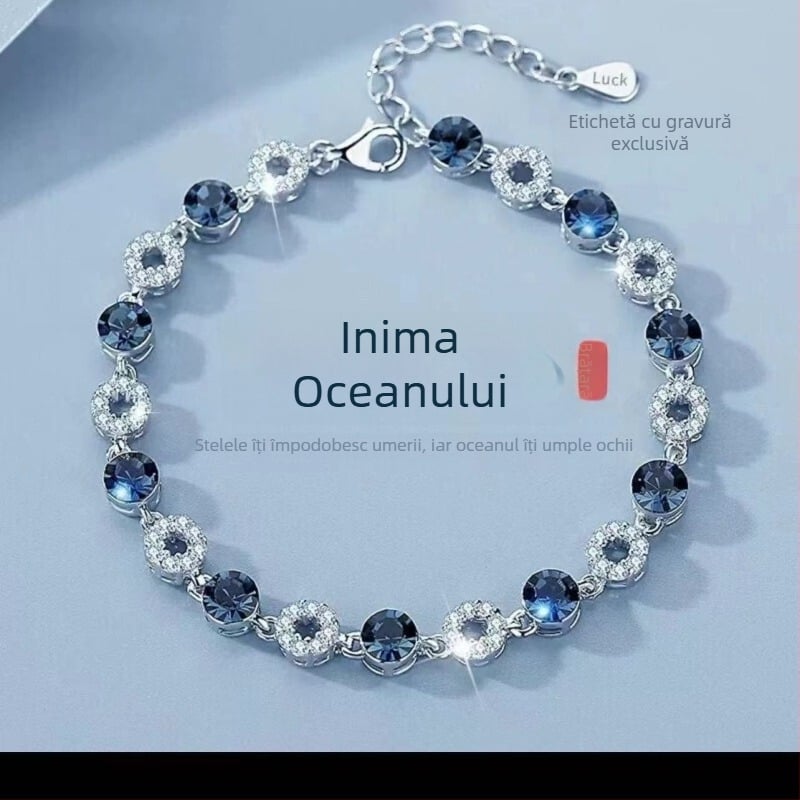 Brățară autentică din argint 999 pentru femei, cu Inima Oceanului din cristal, finisaj platinat, zircon