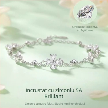 Brățară din argint 925 cu trifoi cu patru foi pentru femei, design unic, dublu strat, cadou elegant pentru ea