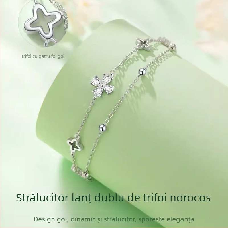 Brățară din argint 925 cu trifoi cu patru foi pentru femei, design unic, dublu strat, cadou elegant pentru ea