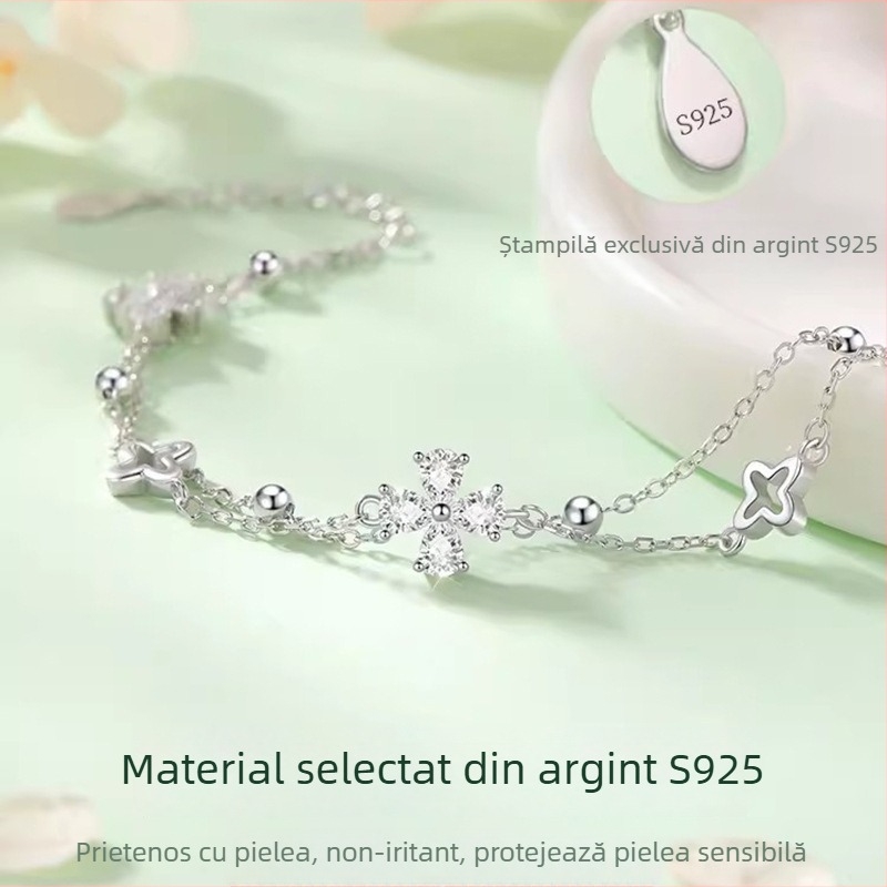 Brățară din argint 925 cu trifoi cu patru foi pentru femei, design unic, dublu strat, cadou elegant pentru ea
