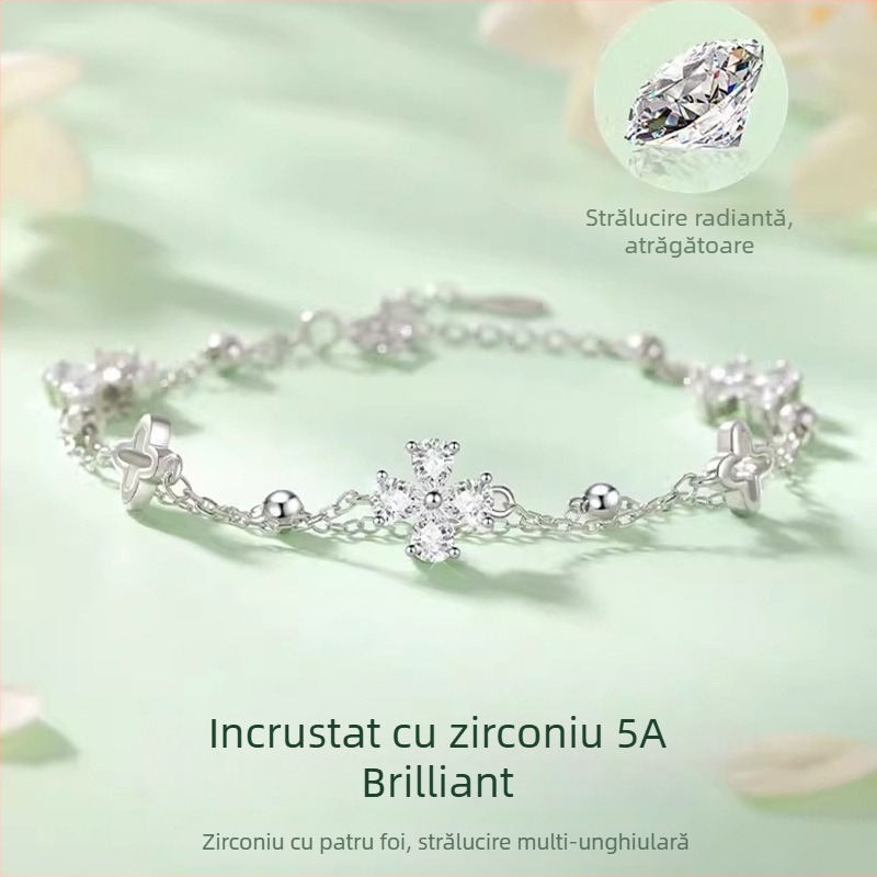 Brățară din argint 925 cu trifoi cu patru foi pentru femei, design unic, dublu strat, cadou elegant pentru ea