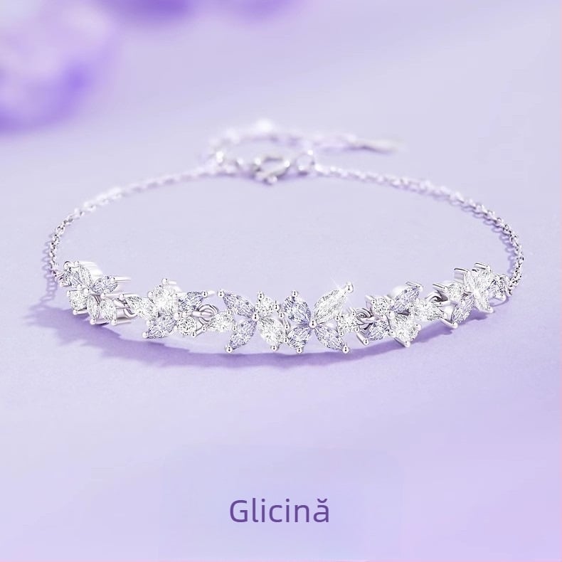 Brățară din argint 925 cu floare de wisteria și zâmbet, pentru femei, bijuterie delicată minimalistă, prietenie dulce, cadou de ziua de naștere