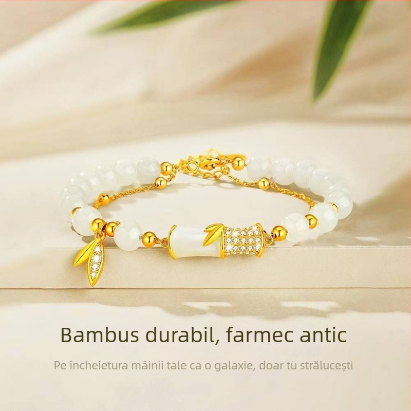 Brățară pentru femei placată cu aur, argint S925, nod de bambus și jad Hetian, design cu frunze de bambus