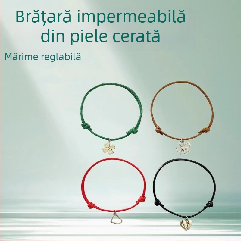 Brățară minimalistă din cordon de piele ceruit, rezistentă la apă, reglabilă, cu charm inimă în formă de trifoi cu patru foi, unisex