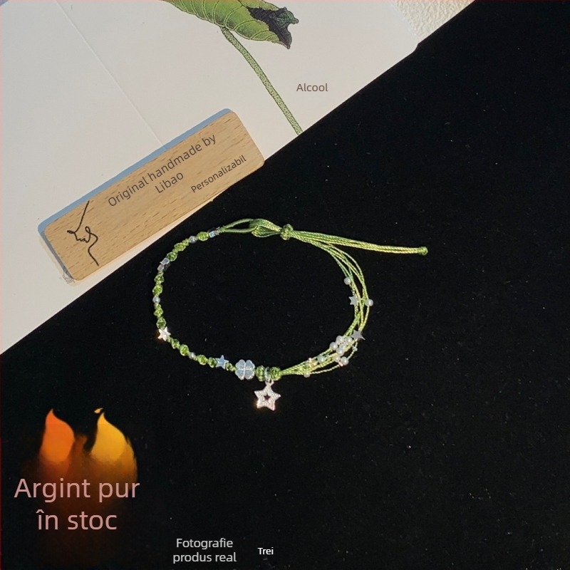Brățară din argint sterling cu trifoi cu patru foi, motive stea și floare, șnur împletit manual, stil pastoral de vară.