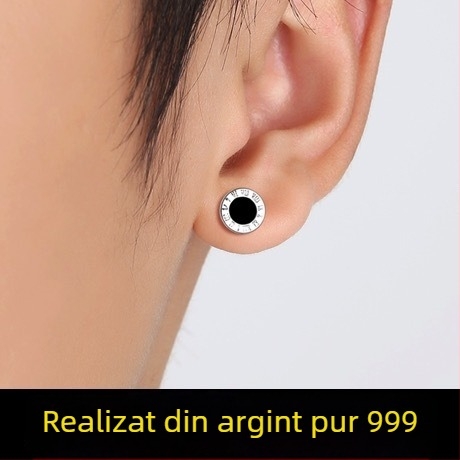 S999 Argint pur, cifre romane negre, cercei rotunzi, minimalist, unisex