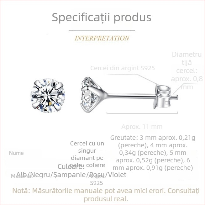 Cercei pentru urechi din argint 925 cu zirconiu, montură cu patru Gheare, un diamant, stil coreean
