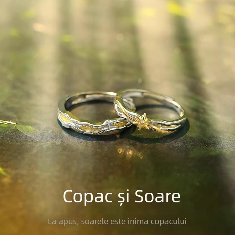 Inel cuplu Copac și Soare – Argint 925 – Unisex, pereche de inele asortate, design discret cu atingere de lux