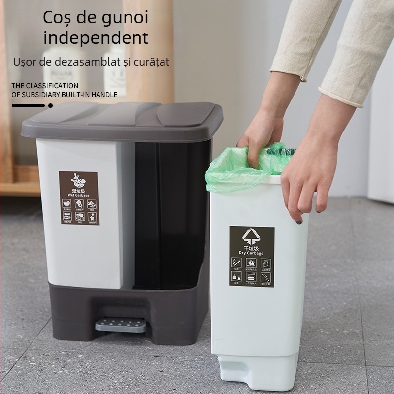 Coș de gunoi dublu pentru uz casnic, cu separare uscat-umed și capac pedalat, pentru bucătărie, baie, birou și sufragerie (12 litri sau mai mult)