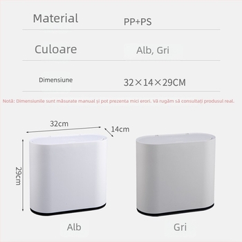 Coș de gunoi din plastic, capac basculant acționat prin apăsare, 10 L, oval, pentru baie, bucătărie, sufragerie și birou