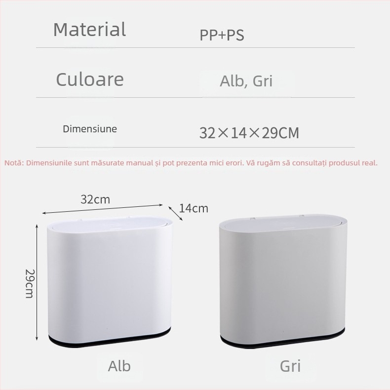 Coș de gunoi din plastic, capac basculant acționat prin apăsare, 10 L, oval, pentru baie, bucătărie, sufragerie și birou
